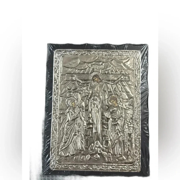 Handmade Greek Christian Orthodox Wood-Metallic icon Crucifixion of Jesus - Picture 1 of 3